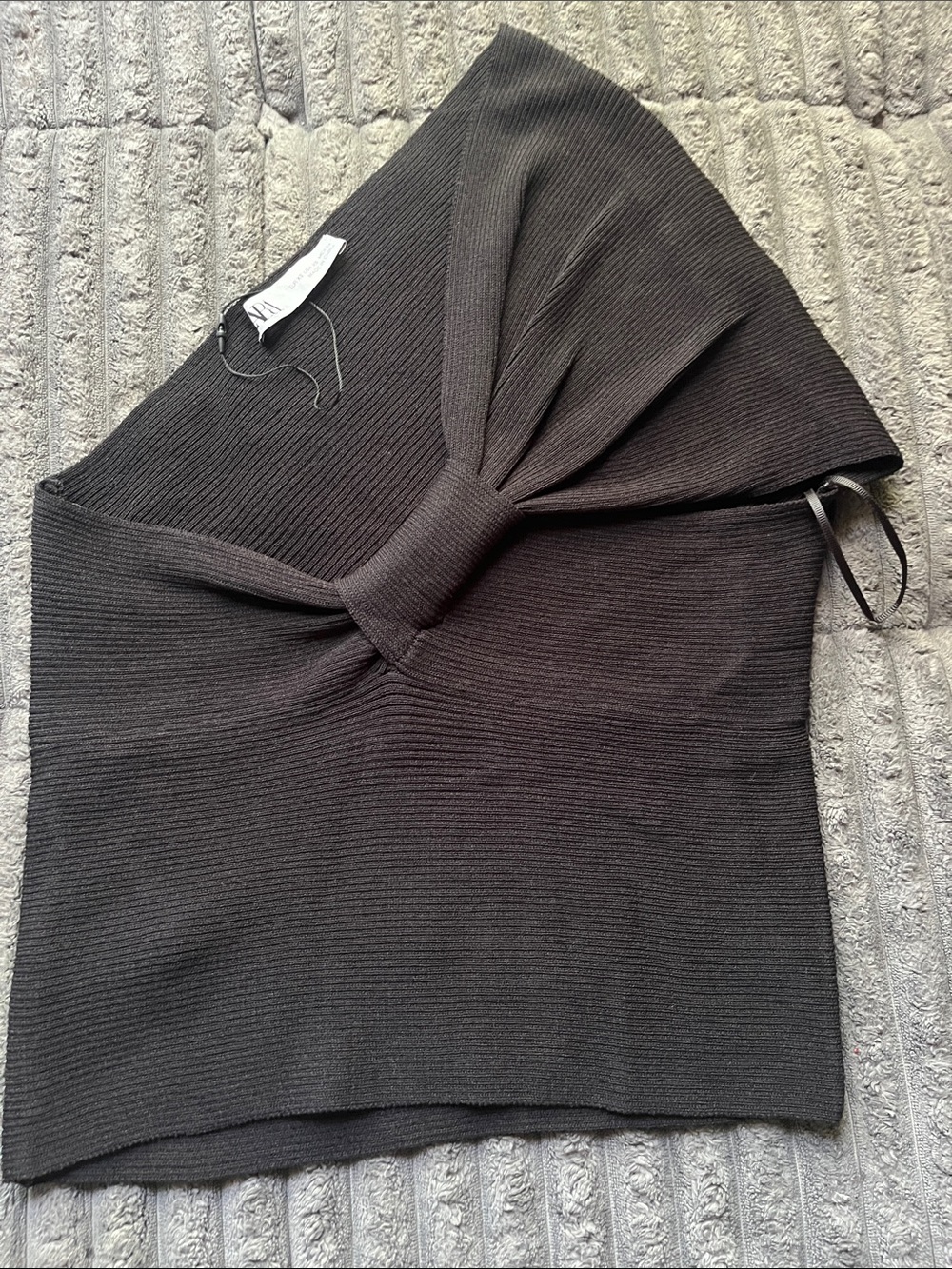 Zara Black Ribbed One-Shoulder Top with Knot Detail